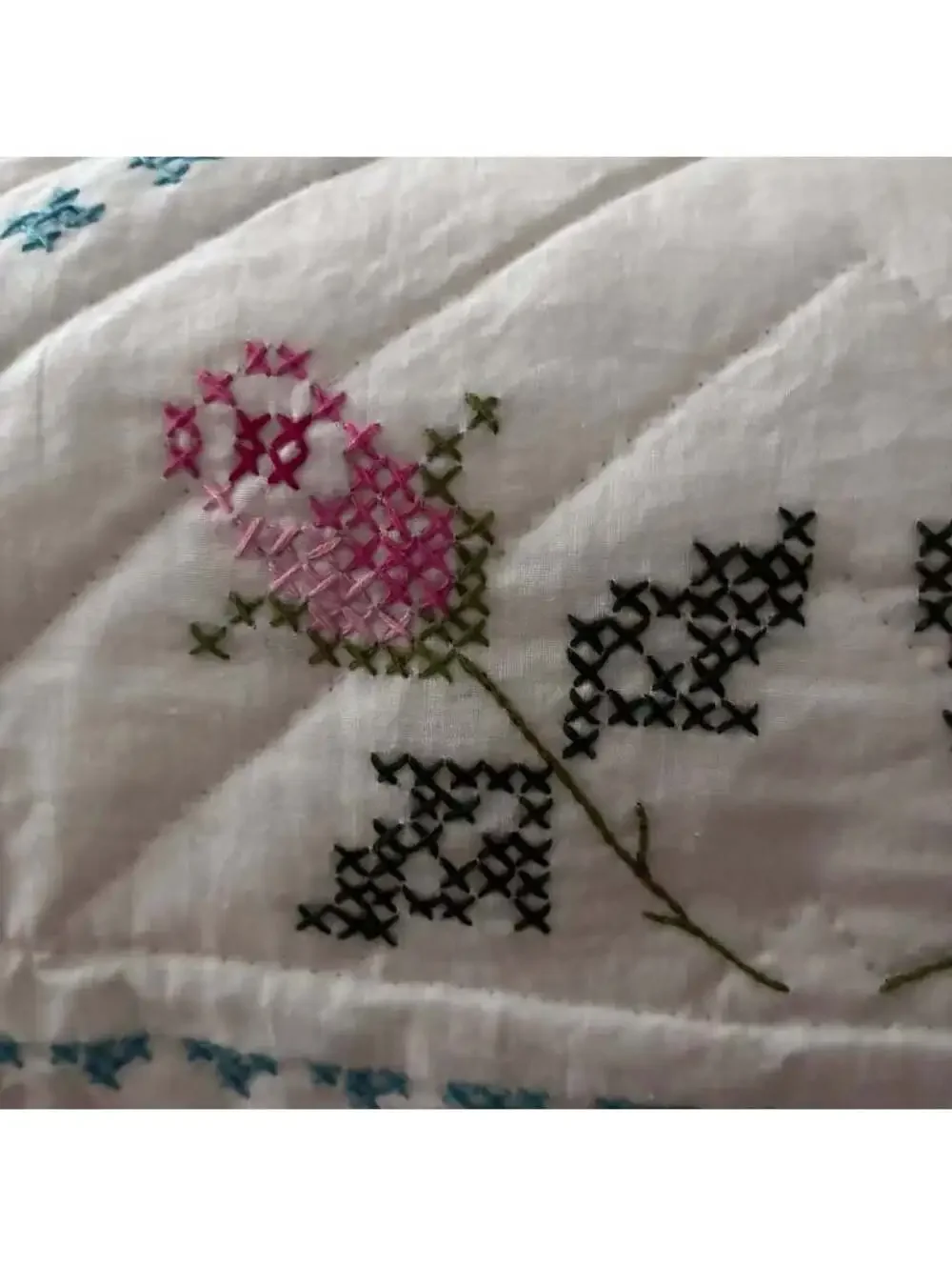Vintage Hand Embroidered Cross Stitch Rose Quilt Queen 80x96 Floral Bedding
